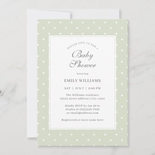 Light Sage Groene en Witte Polka Dots Baby shower Kaart (Voorkant)