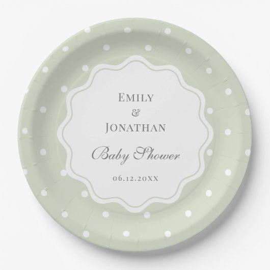 Light Sage Groene en Witte Polka Dots Baby shower Papieren Bordje (Voorkant)