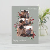 Light Sage Photo Collage met bessen en groen Feestdagenkaart (Staand voorkant)