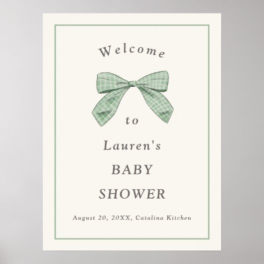 Light Sage Plaid Bow Elegant Baby shower Welkom Poster (Voorkant)