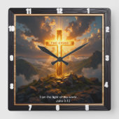 Light Salvation Cross Mountain Golden John 8:12 Vierkante Klok (Voorkant)