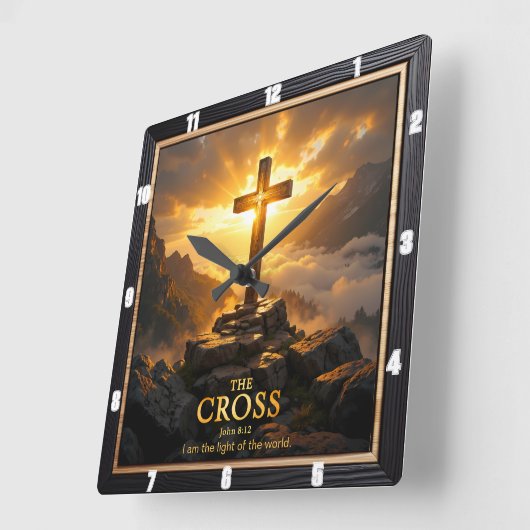 Light Salvation Cross Mountain Wooden Fog John 8:1 Vierkante Klok (Hoek)