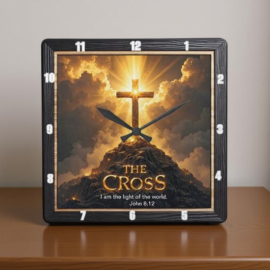 Light Salvation Cross Mountain Wooden World John 8 Vierkante Klok