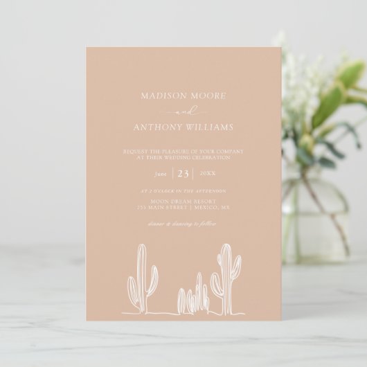 Light Sand Wedding Line Art Desert Cactus Kaart (Staand voorkant)