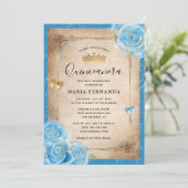 Light Sky Blue en Gold Roos Elegant Quinceanera Kaart (Staand voorkant)