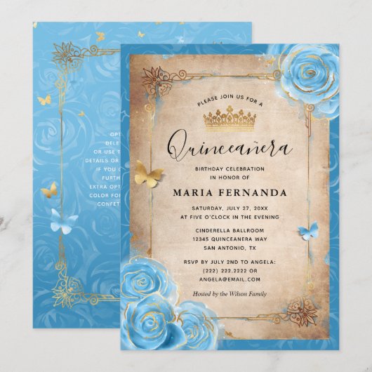 Light Sky Blue en Gold Roos Elegant Quinceanera Kaart (Voorkant / Achterkant)