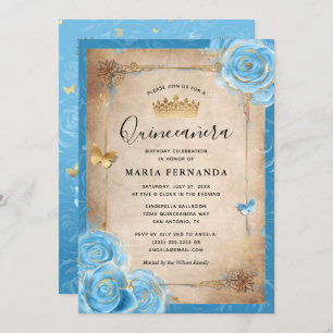 Light Sky Blue en Gold Roos Elegant Quinceanera Kaart