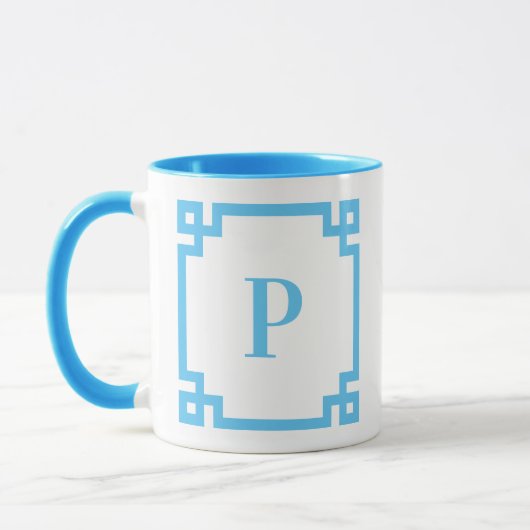 Light Sky Blue Greek Key Border Monogram Mok (Links)