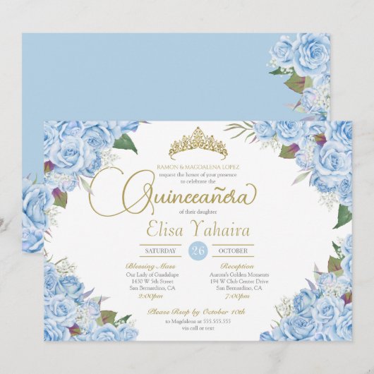 Light Sky Blue Roos Floral Gold Tiara Quinceanera Kaart (Voorkant / Achterkant)
