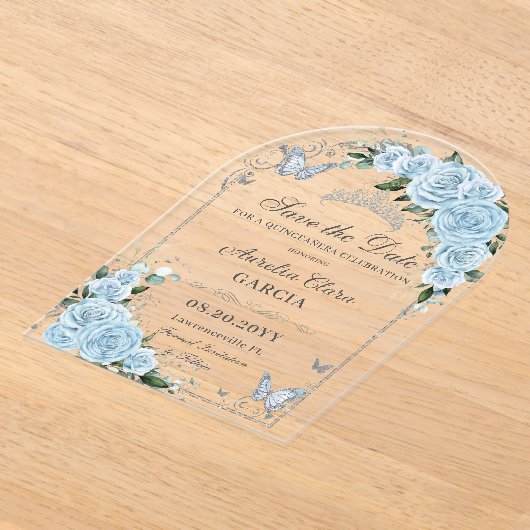 Light Sky Blue Rose Floral Sweet 16 15 Quinceañera Acryl Uitnodigingen (Laagn)