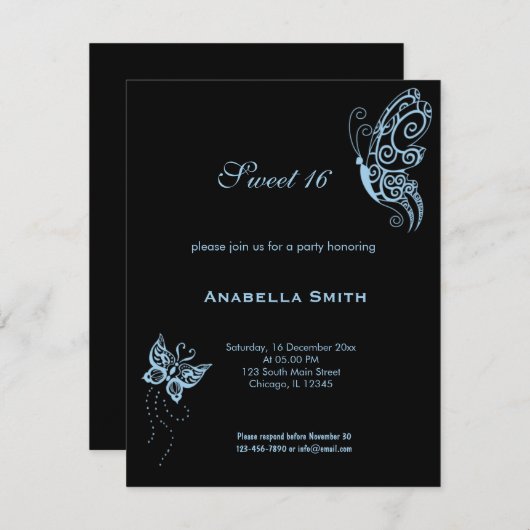 Light Sky Blue Sweet 16 Vlinders Kaart (Voorkant / Achterkant)