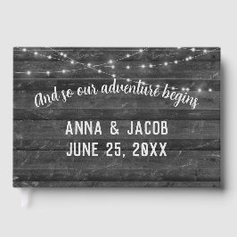 Light String On Gray Dark Wood Wedding Guest Book Gastenboek