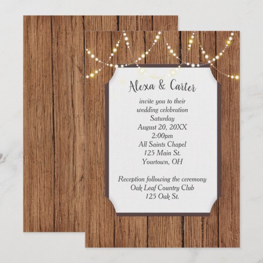 Light String on Wood Wedding Invite Kaart (Voorkant / Achterkant)