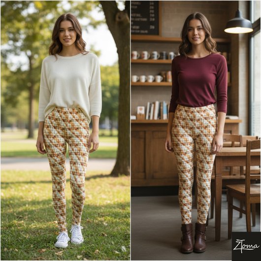 Light Tan Diagonal Plaid Subtle Weave Leggings