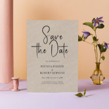 Light Tan Linen Simple Black Script Save the Date