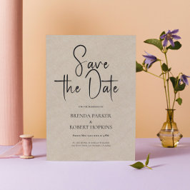 Light Tan Linen Simple Black Script Save the Date Kaart