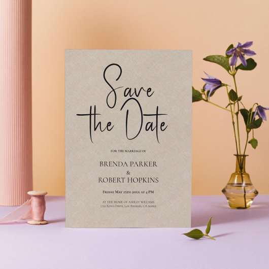 Light Tan Linen Simple Black Script Save the Date Kaart