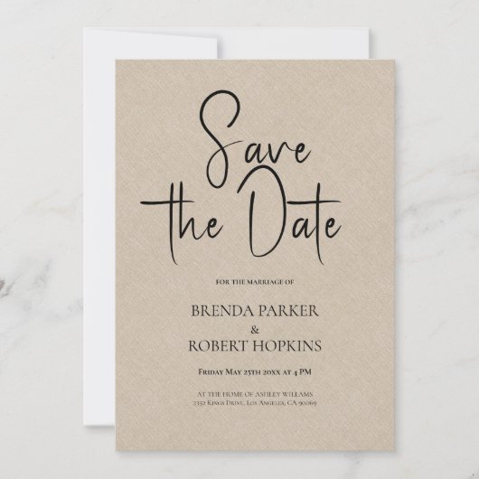 Light Tan Linen Simple Black Script Save the Date Kaart (Voorkant)