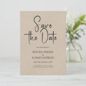 Light Tan Linen Simple Black Script Save the Date Kaart (Staand voorkant)