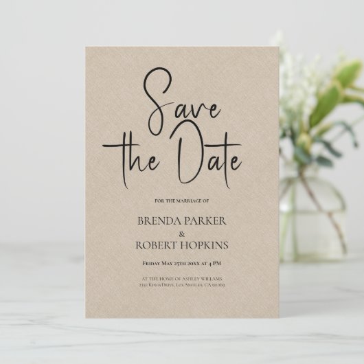 Light Tan Linen Simple Black Script Save the Date Kaart (Staand voorkant)