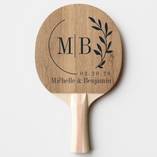 Light Teak Wood Leaf Wedding Monogram Tafeltennisbatje (Achterkant)
