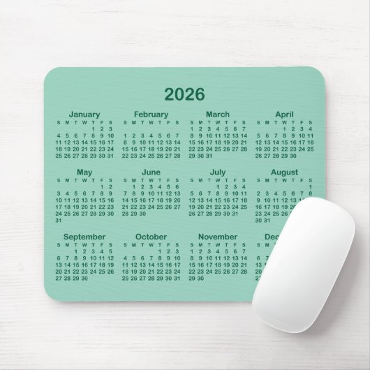 Light Teal and Hunter Green 2026 Calendar Muismat (Met muis)