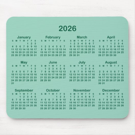 Light Teal and Hunter Green 2026 Calendar Muismat (Voorkant)