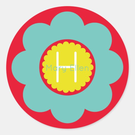 Light Teal and Yellow Flower on Red Monogram Ronde Sticker (Voorkant)