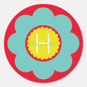 Light Teal and Yellow Flower on Red Monogram Ronde Sticker