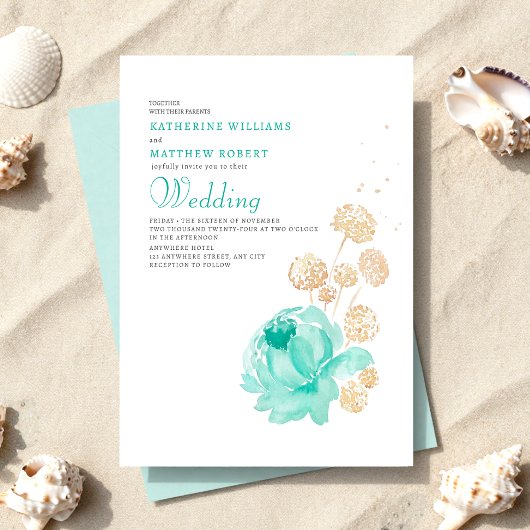 Light Teal & beige Summer Beach Wedding Kaart