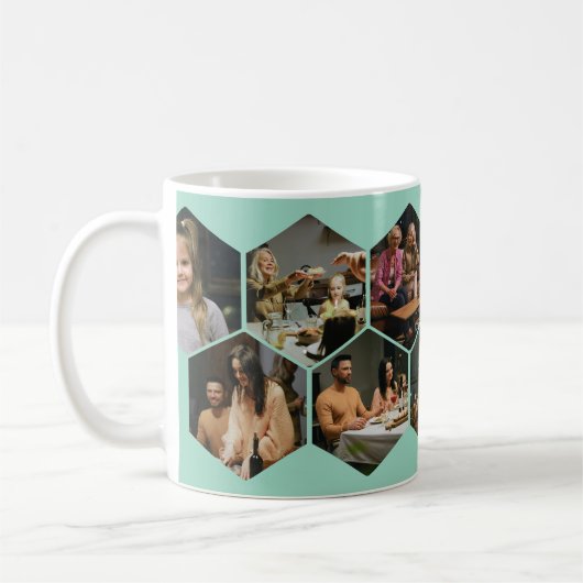 Light Teal Geometric Hexagon Photo Collage  Koffiemok (Links)