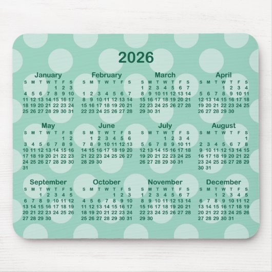 Light Teal Polka Dot Hunter Green 2026 Calendar Muismat (Voorkant)