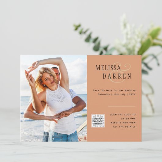 Light Terracotta PHOTO Weddenschap SAVE DATE QR CO Kaart (Staand voorkant)
