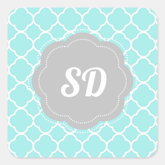 Light Turquoise Quatrefoil aangepast Monogram Vierkante Sticker (Voorkant)