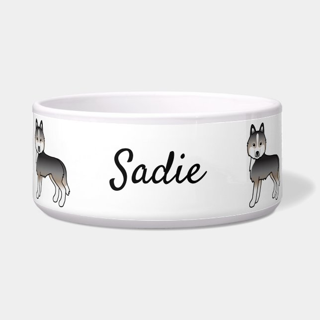 Light Wolf Gray Siberian Husky Cartoon Dog & Name Voerbakje (Voorkant)