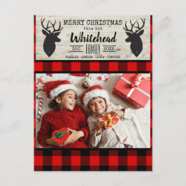 Light Wood Deer Red Black Buffalo Plaid Photo Feestdagenkaart