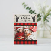Light Wood Deer Red Black Buffalo Plaid Photo Feestdagenkaart (Staand voorkant)