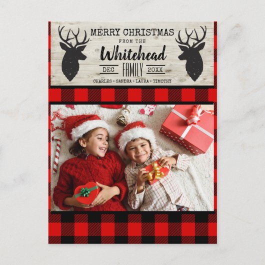 Light Wood Deer Red Black Buffalo Plaid Photo Feestdagenkaart (Voorkant)
