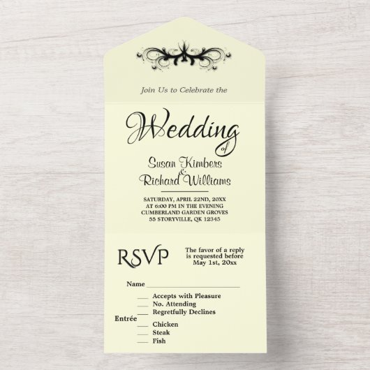 Light Yellow & Black Tri Fold Rsvp Wedding All In One Uitnodiging (Binnen)