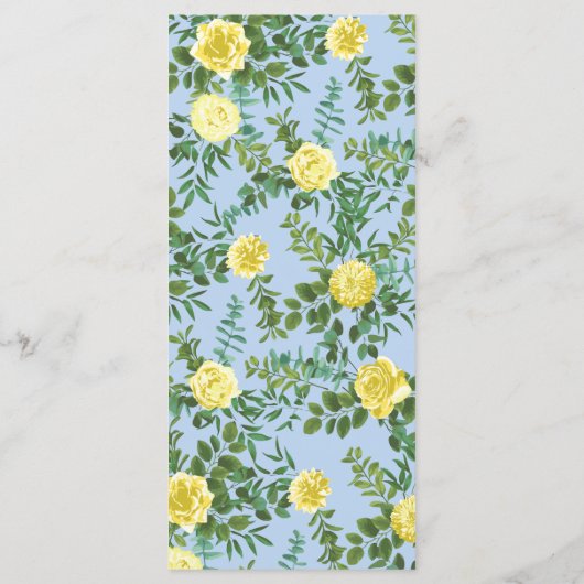 Light Yellow Bleek Blue Roos Floral Wedding Menu (Achterkant)
