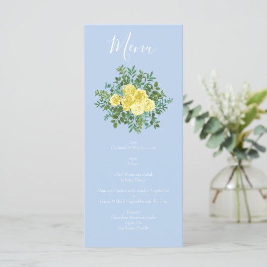 Light Yellow Bleek Blue Roos Floral Wedding Menu (Staand voorkant)