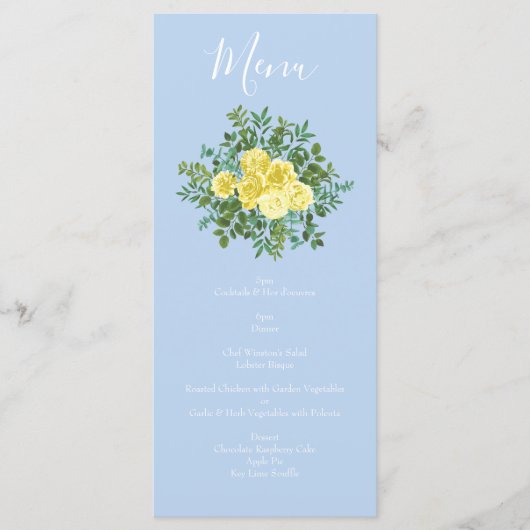 Light Yellow Bleek Blue Roos Floral Wedding Menu (Voorkant)