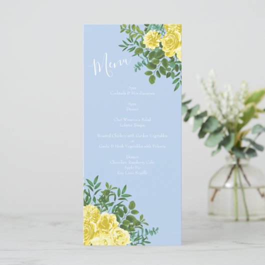 Light Yellow Bleek Blue Roos Floral Wedding Menu (Staand voorkant)