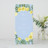 Light Yellow Bleek Blue Roos Floral Wedding Menu (Staand voorkant)