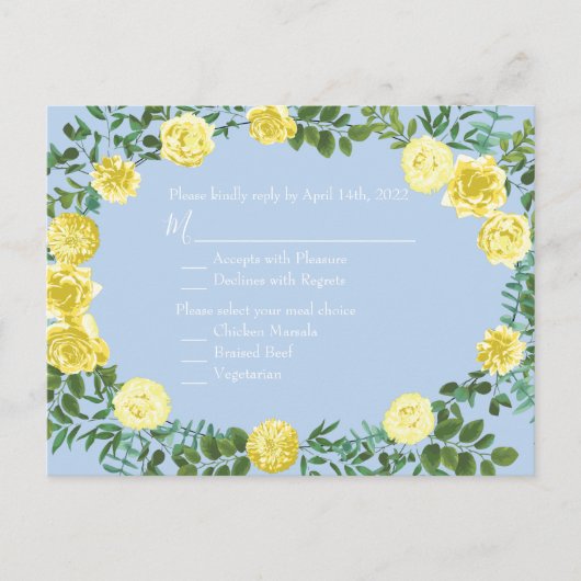 Light Yellow Bleek Blue Roos Wedding Reply Kaart (Voorkant)