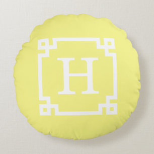 Light Yellow Greek Key Lijst #2 Initiaal Monogram Rond Kussen