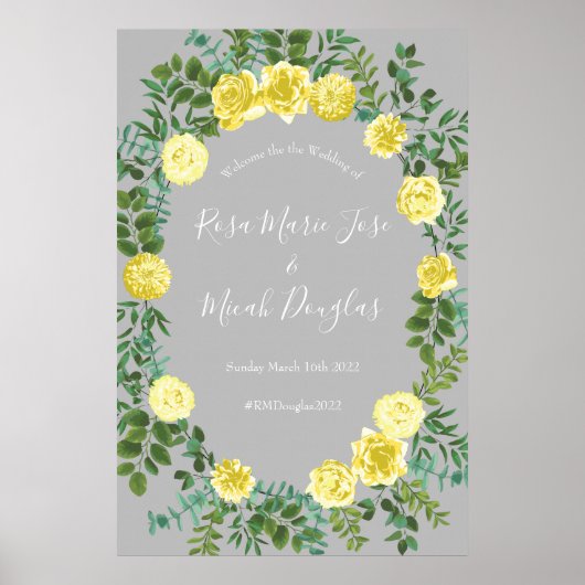 Light Yellow & Grey Peony & Rose Floral Wedding Poster (Voorkant)