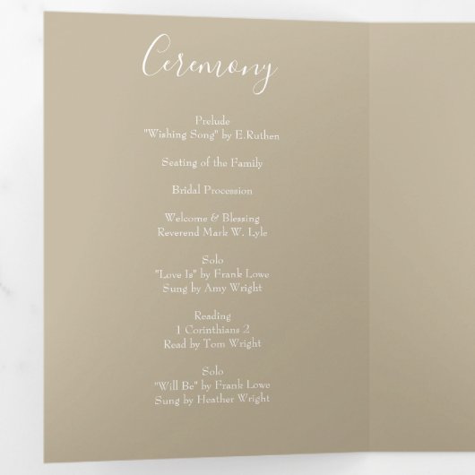 Light Yellow Khaki Ecru Roos Wedding Programs Drieluik Programma (Binnenzijde eerst)