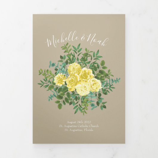 Light Yellow Khaki Ecru Roos Wedding Programs Drieluik Programma (Cover)