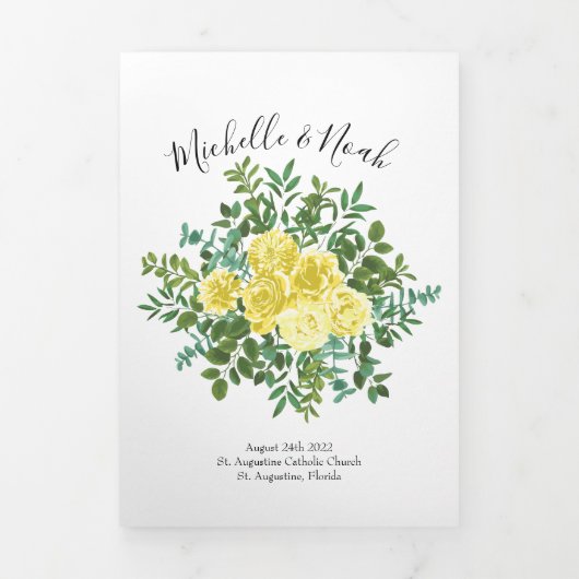 Light Yellow Peony & Roos Floral Wedding Programs Drieluik Programma (Cover)